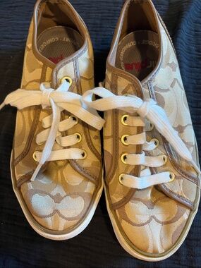Coach Kids Tan Signature Canvas Sneakers with White Laces